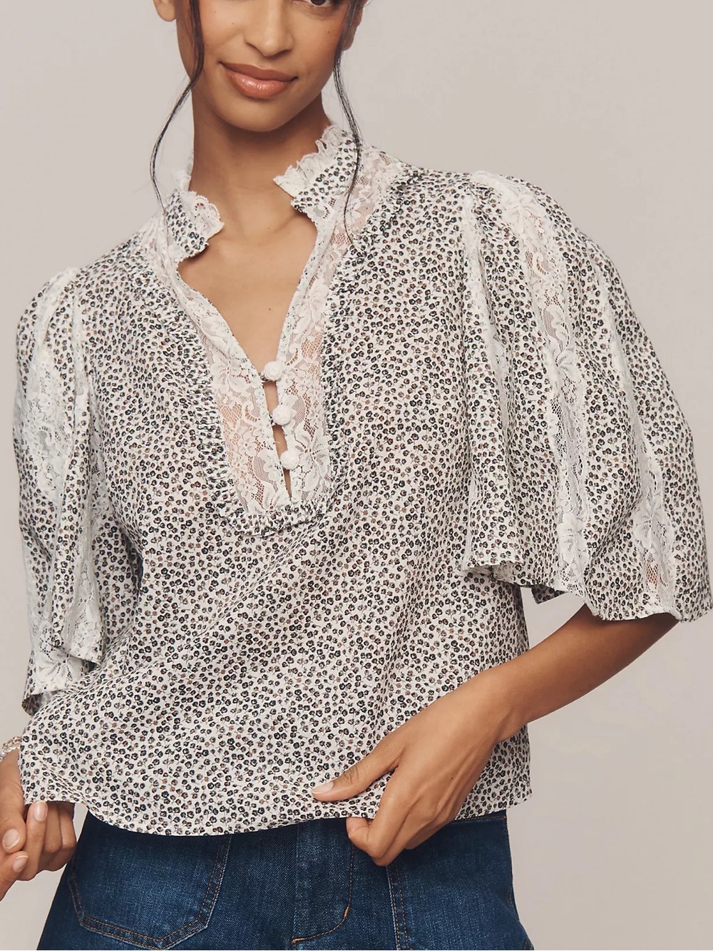 Anthropologie Cape-Sleeve Lace-Trim Blouse
